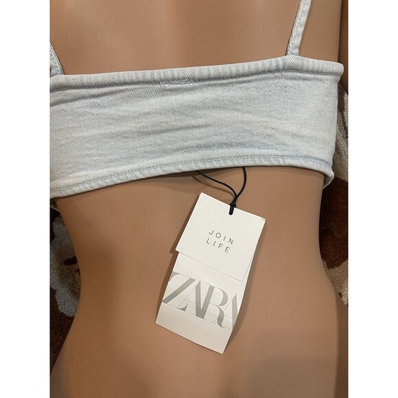 New ZARA Top Light BLue Denim Triangle Bandana Cropped Tank Top Size S #5907S - Picture 6 of 6